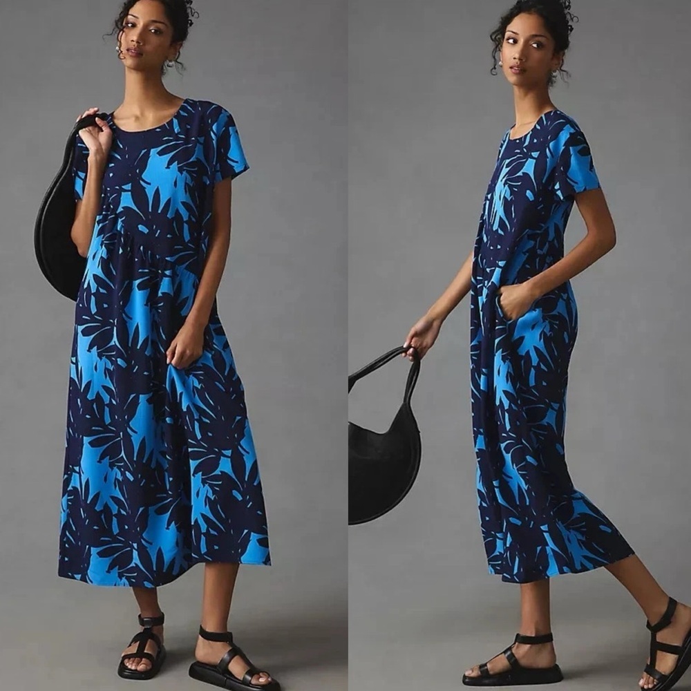 Porridge‎ By Anthropologie Relaxed Crewneck Leaf Short Sleeve Dress In Blue XXS